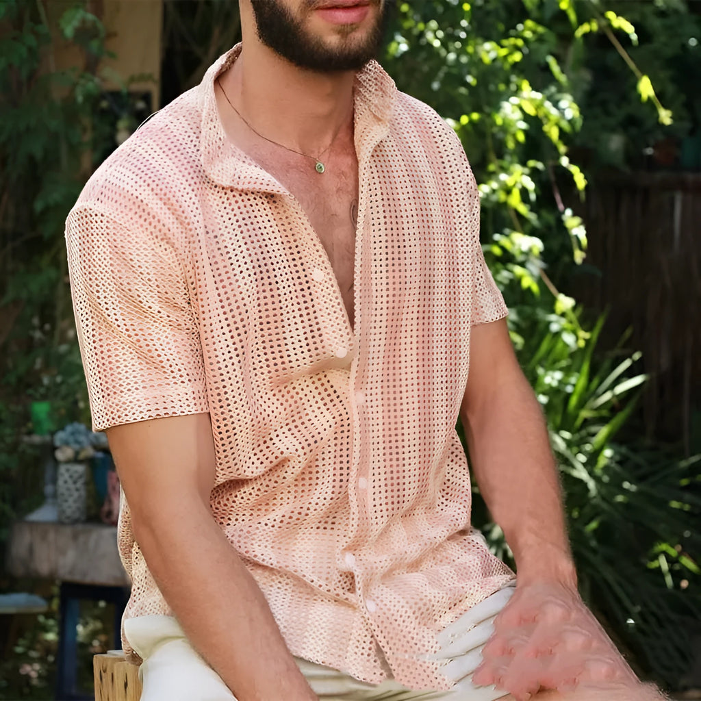 Pink men's loose fit cardigan style summer shirt with waffle knit pattern and short sleeves