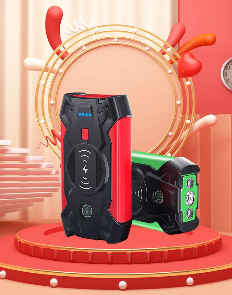 Red portable car jump starter unit with booster clamps and charger in storage box
