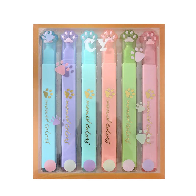 Cat's Paw brand box containing six fluorescent marking pens with oblique nibs in various colours.