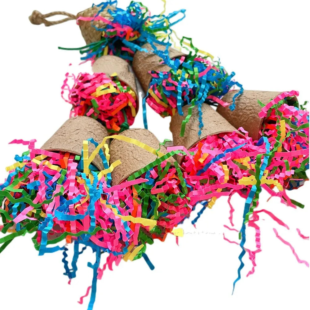 Parrot paper cup weaving gnawing toy with palm fibre construction hanging from cage