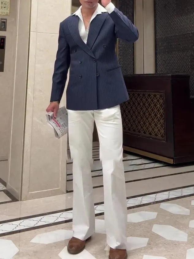 Men's striped double breasted blazer jacket in regular fit polyester fabric