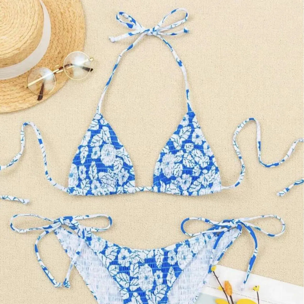 Women's halter neck swimsuit set with floral briefs in light blue colour