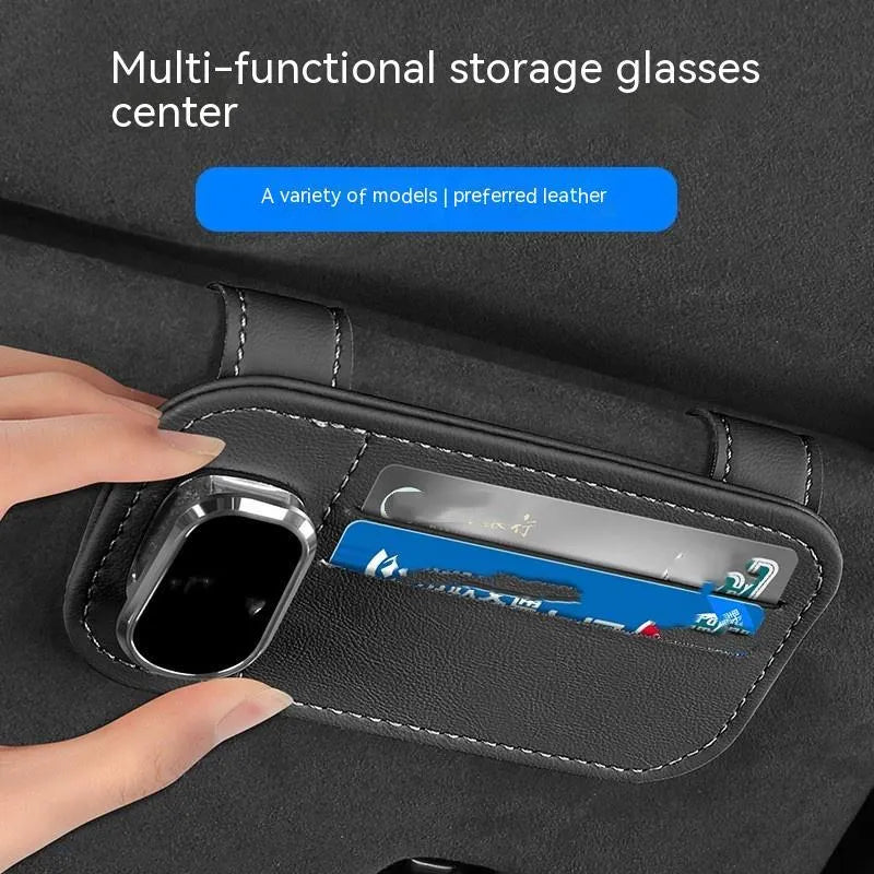 Cowhide leather car sunglasses holder with card slots, shown in colour options, attached to a vehicle sun louver.