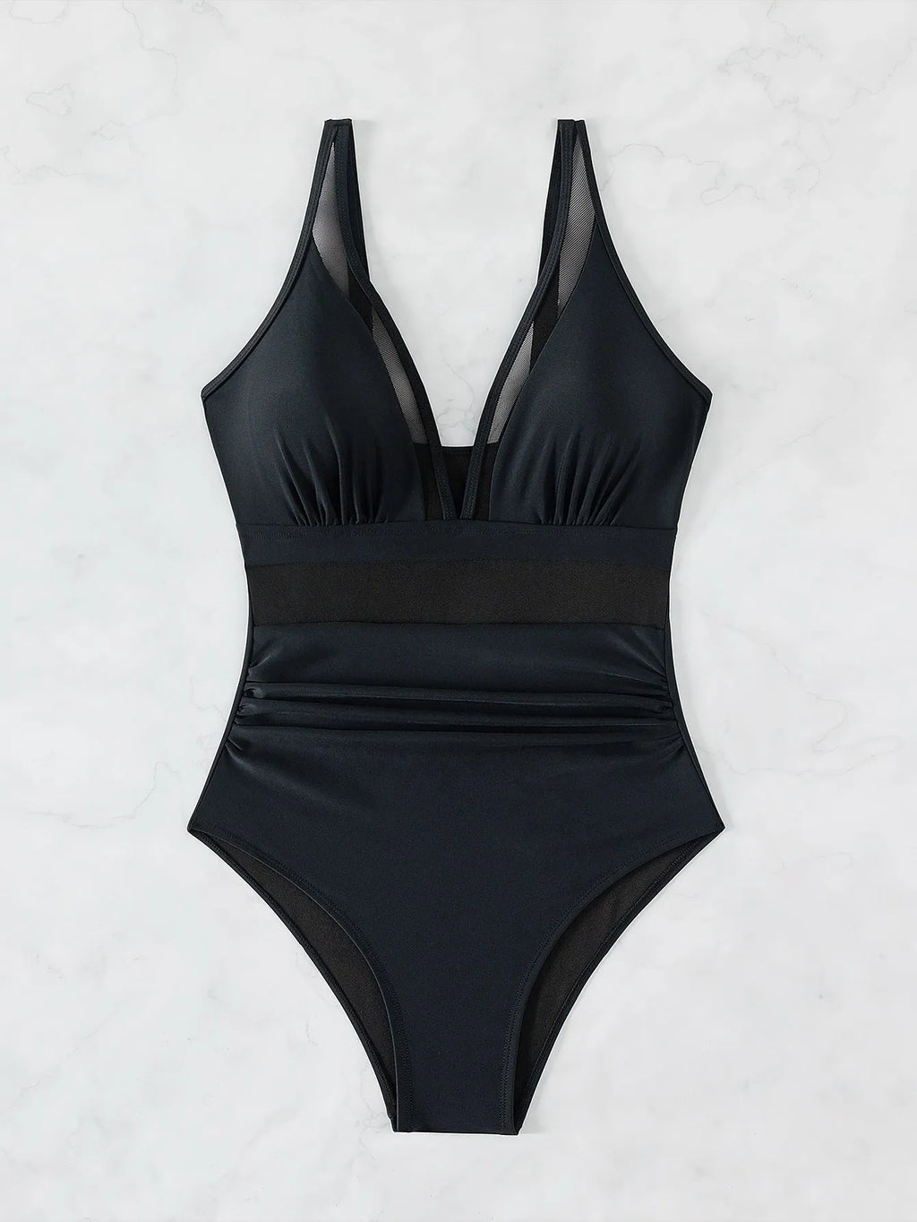 Black women's one-piece halter swimsuit with mesh detailing and briefs styling