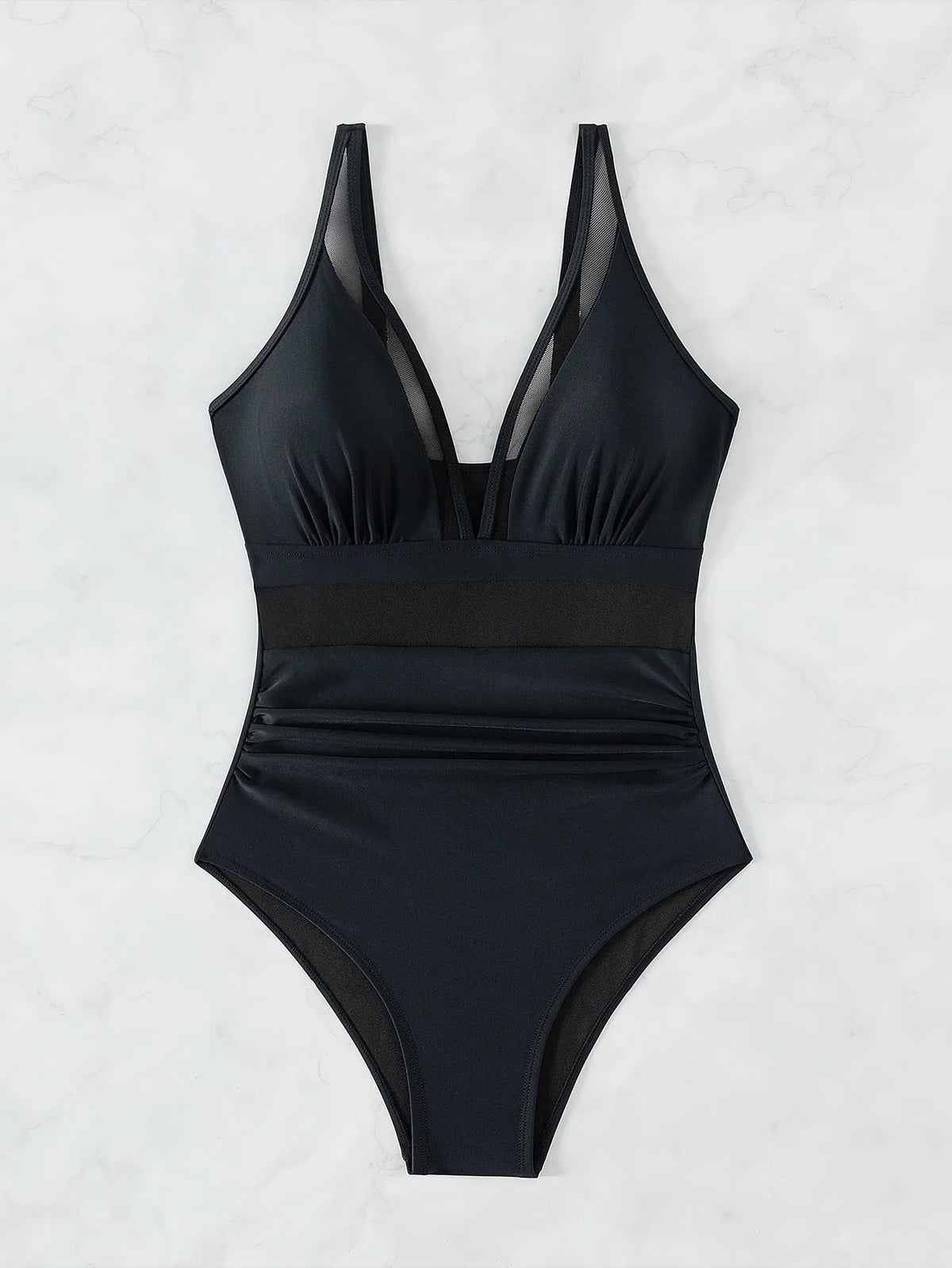 Black women's one-piece halter swimsuit with mesh detailing and briefs styling