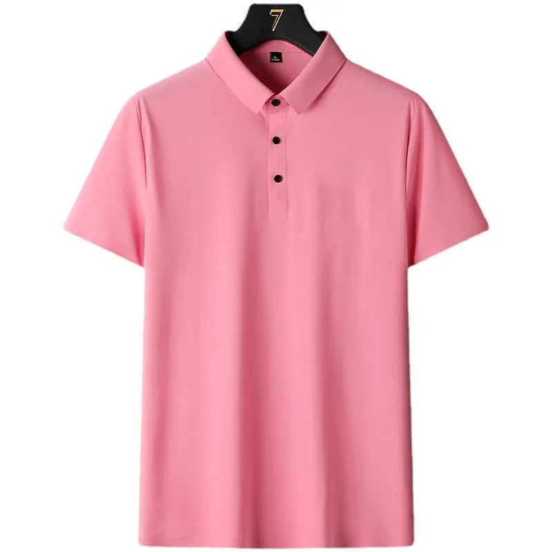Man wearing a solid colour non-ironing short sleeve business casual shirt in navy blue.