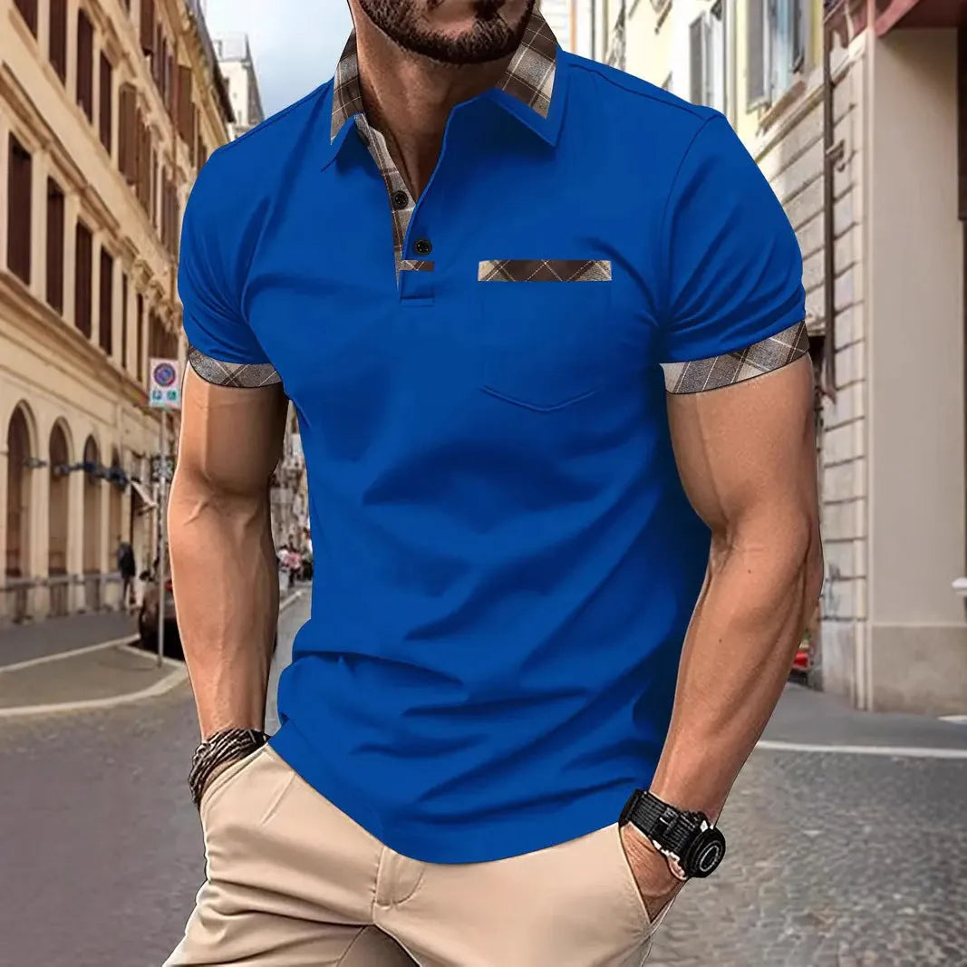 Men's loose fit plaid colourblock T-shirt with short sleeves and zipper decorations