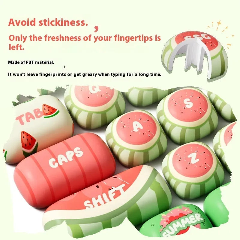 Watermelon themed mechanical keyboard key caps with five-sided sublimation print on PBT plastic.