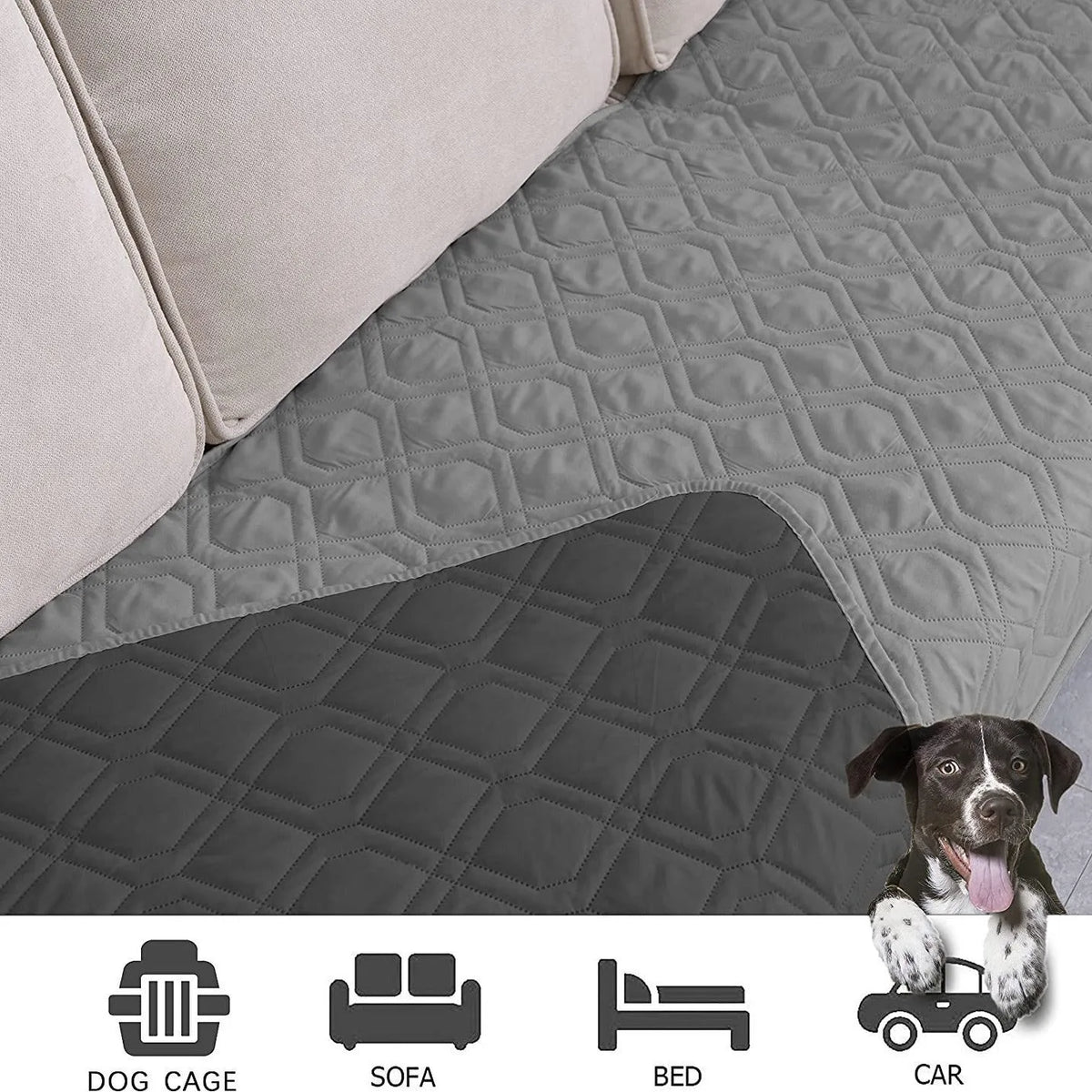 Reversible waterproof dog blanket couch cover shown in burgundy and grey colours on a sofa