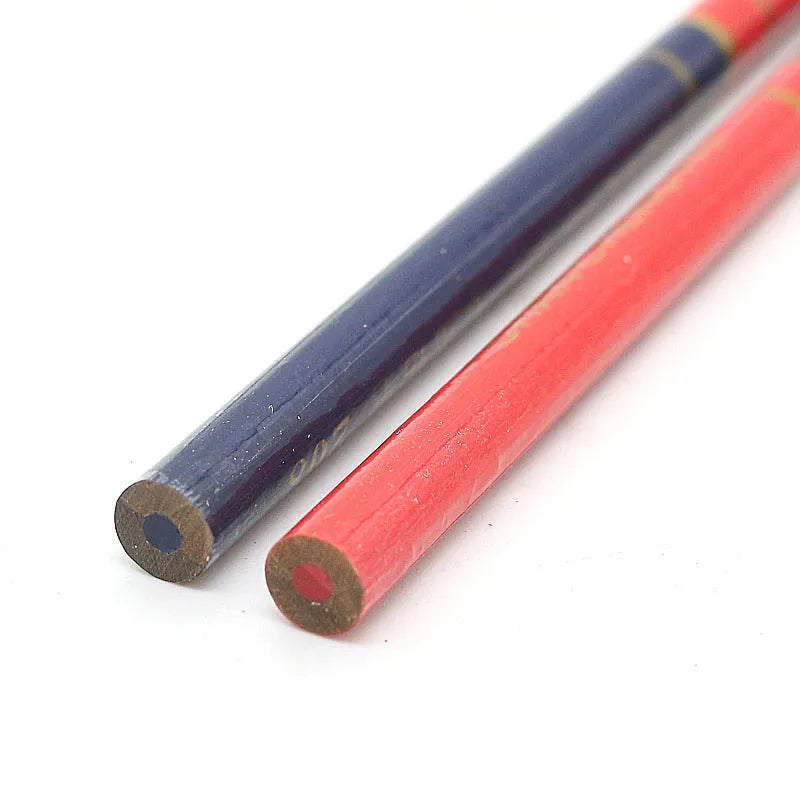 Ten red and blue two-colour round carpenter pencils for woodworking and construction marking