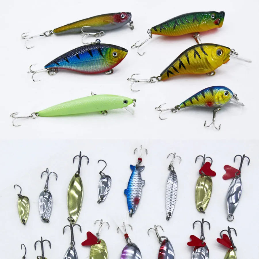 132-piece fishing lure suit kit with rose red plastic baits and high carbon steel hooks in tackle box