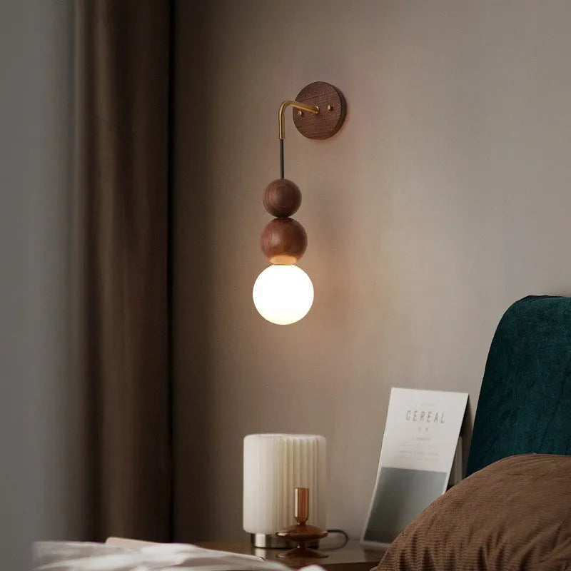 Wood and copper hanging wall lamp with circular 10cm diameter design and tricolour lighting