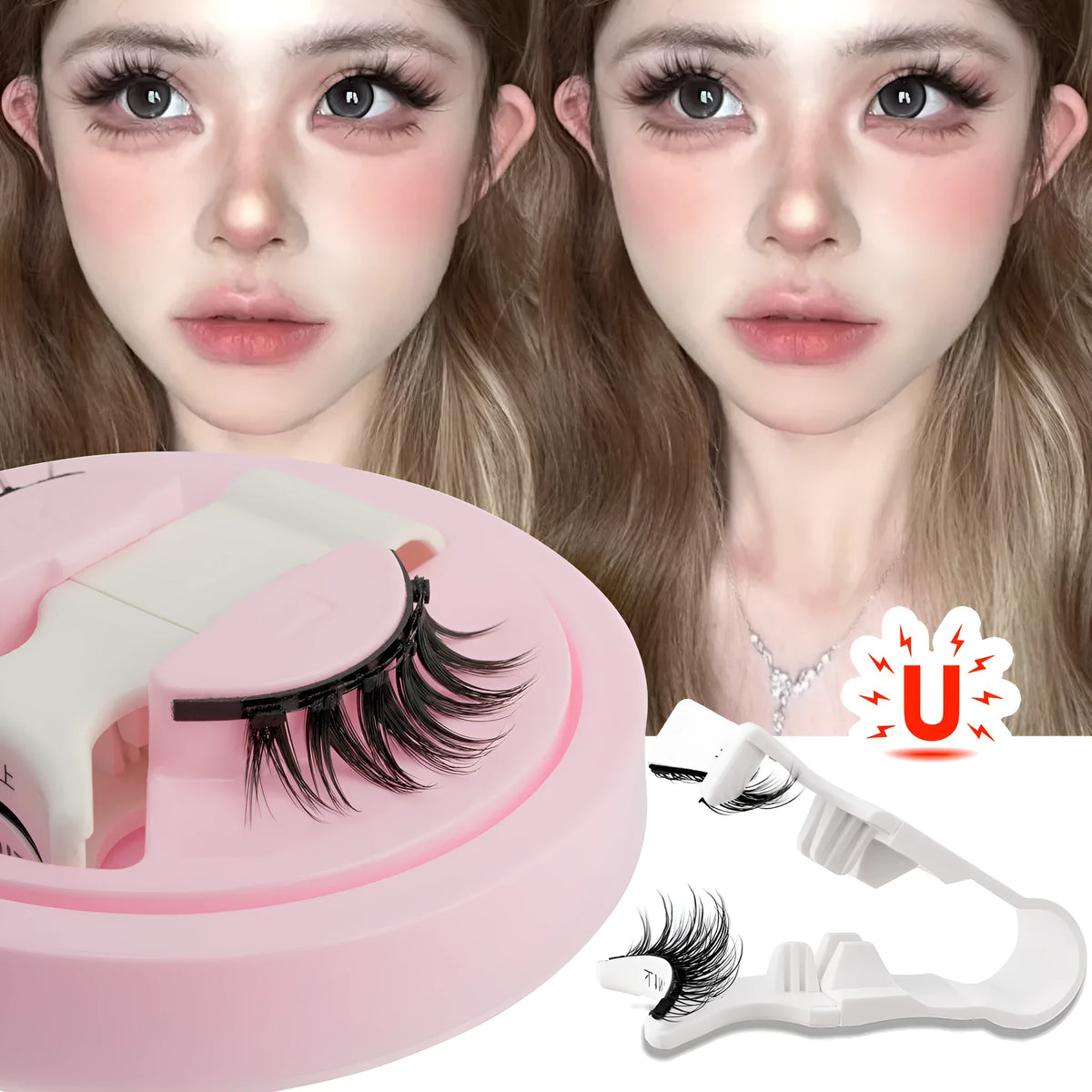 Set of reusable, glue-free false eyelashes made from thick waterproof artificial fibre.