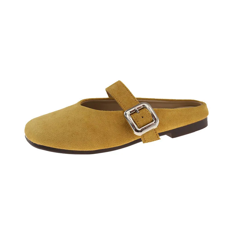 Women's flat closed toe slippers with square toe design in apricot colour