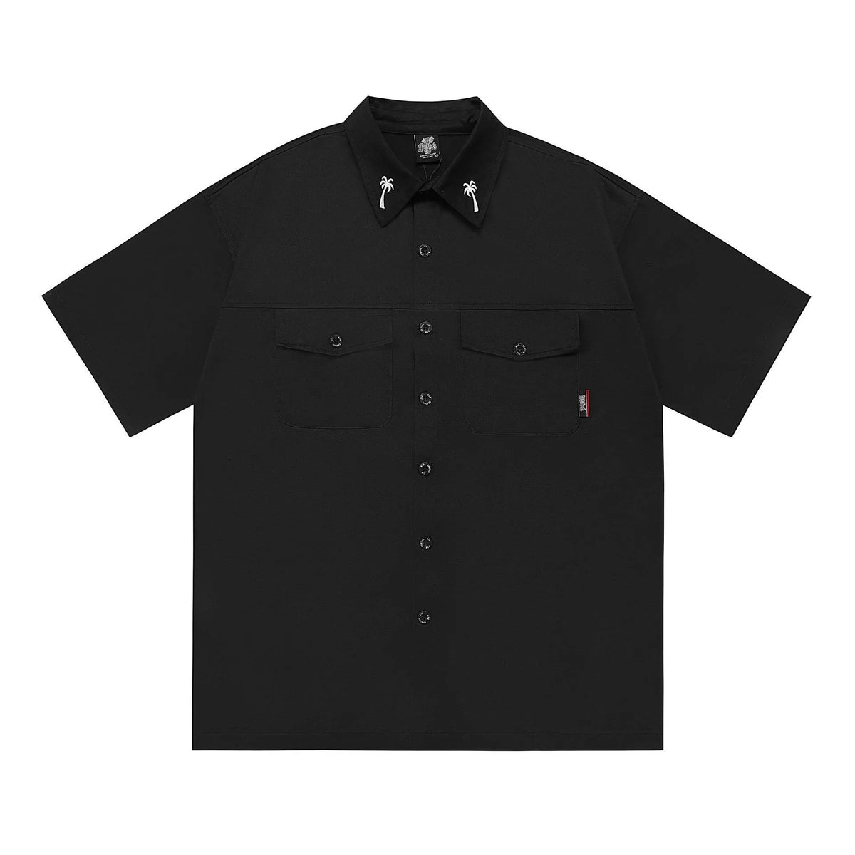 Men's loose fit black cotton blend pocket shirt with half sleeves and embroidery