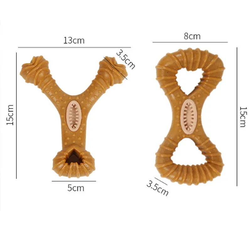 Durable nylon dog chew bone toy shown in eight shape and Y shape designs.