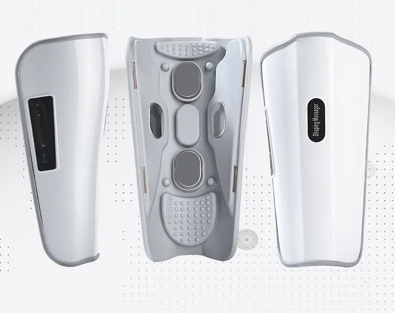 White plastic pulse calf massager unit with mechanical controls for infrared and electrotherapy leg massage.
