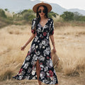 Yellow floral print summer dress with V neck and elastic waist on mannequin