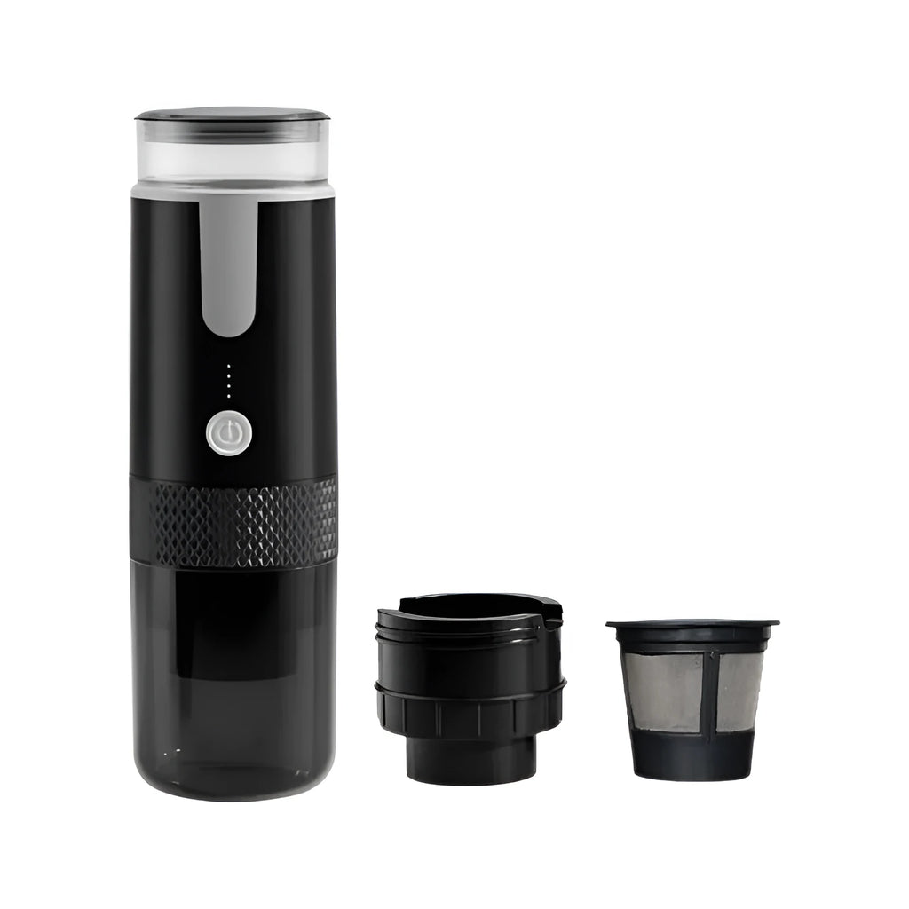Black portable coffee machine with K-cup capsule compatibility for vehicle and travel use