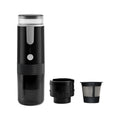 Black portable coffee machine with K-cup capsule compatibility for vehicle and travel use