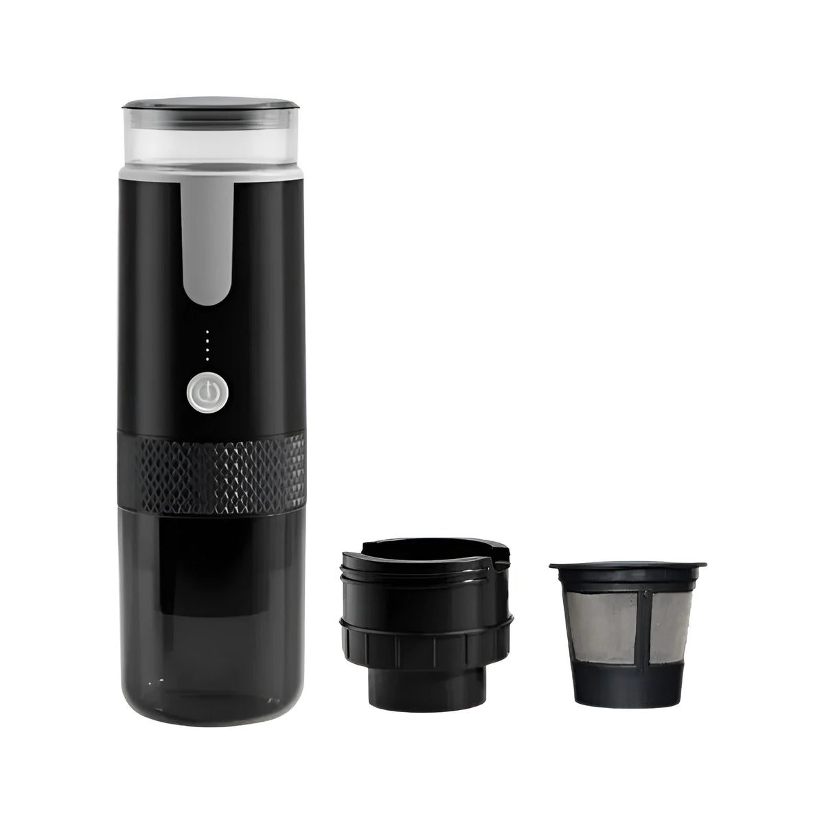 Black portable coffee machine with K-cup capsule compatibility for vehicle and travel use