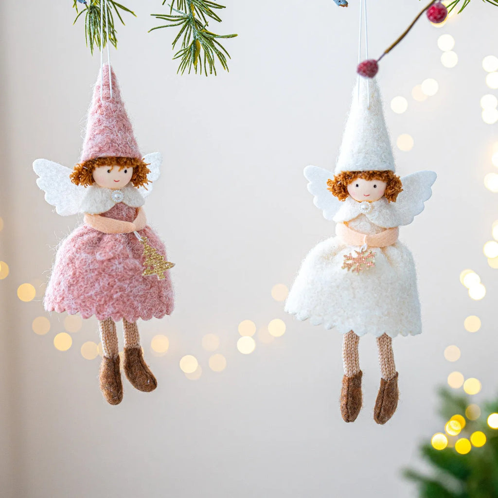 White or pink cloth felt angel skirt Christmas ornament with soft plush pendant for hanging display