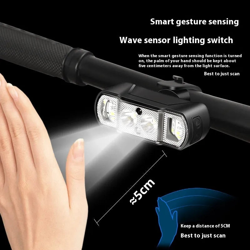 Black USB rechargeable bicycle headlight with 350 lumen output and wave induction sensor.