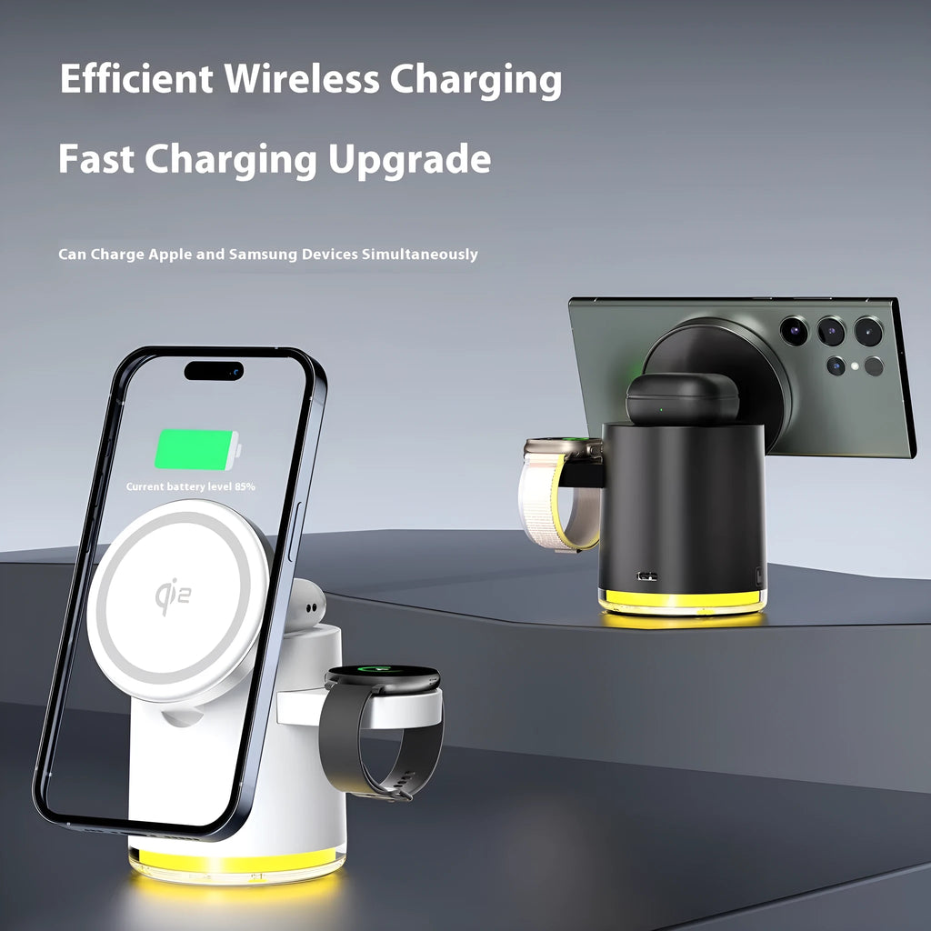 C16 portable magnetic three-in-one wireless folding charger in black or ivory white showing phone, watch and earbud charging