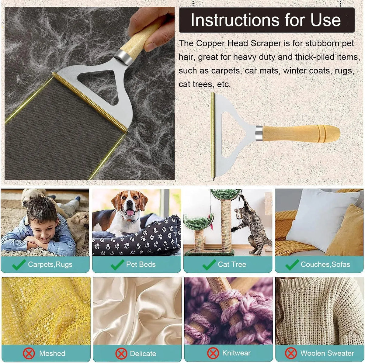 Three-piece pet hair remover set showing metal scraper, silicone lint brush, and round upholstery cleaner