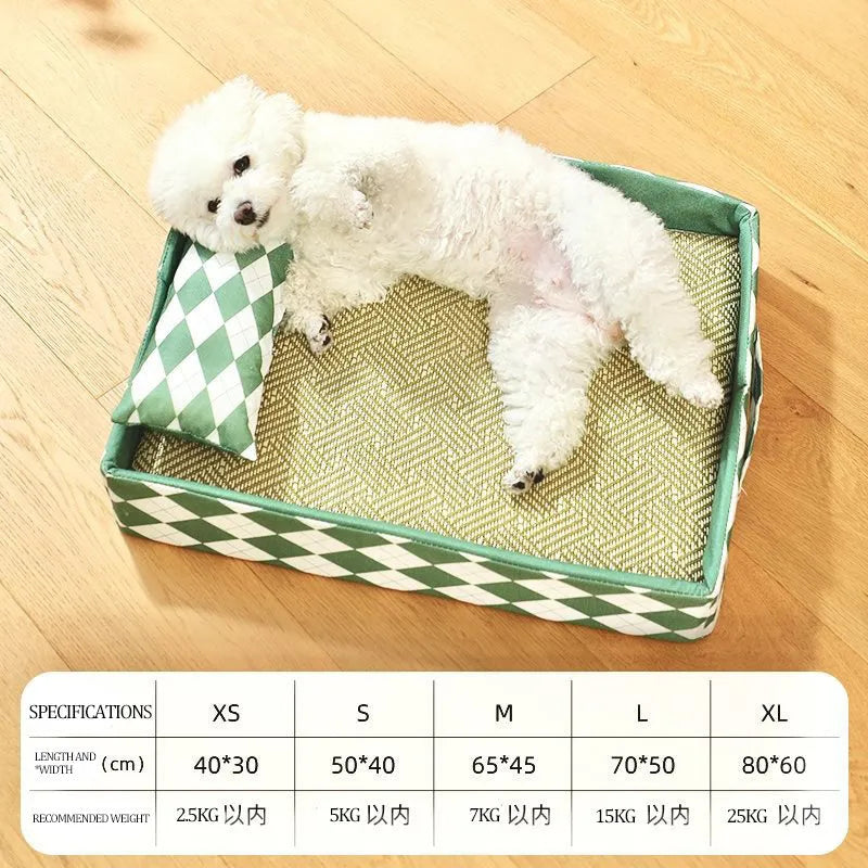 Blue rattan cat litter mat with bamboo frame serving as elevated cooling bed