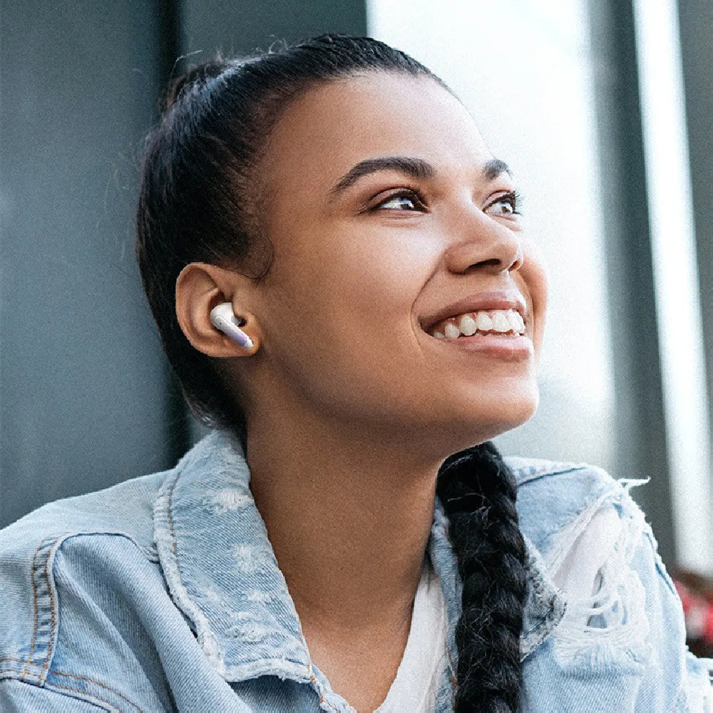 Wireless in-ear Bluetooth gaming headset in gradient blue colour with low-latency sports design.