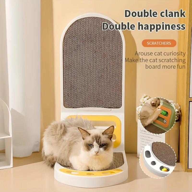 Grey L-shaped vertical cat scratching board with a sisal fabric surface placed in a room corner.