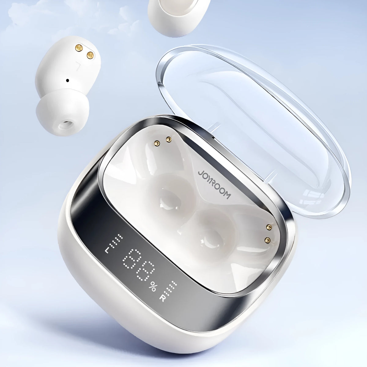 Dawn White wireless in-ear Bluetooth headphones with charging case on a neutral background