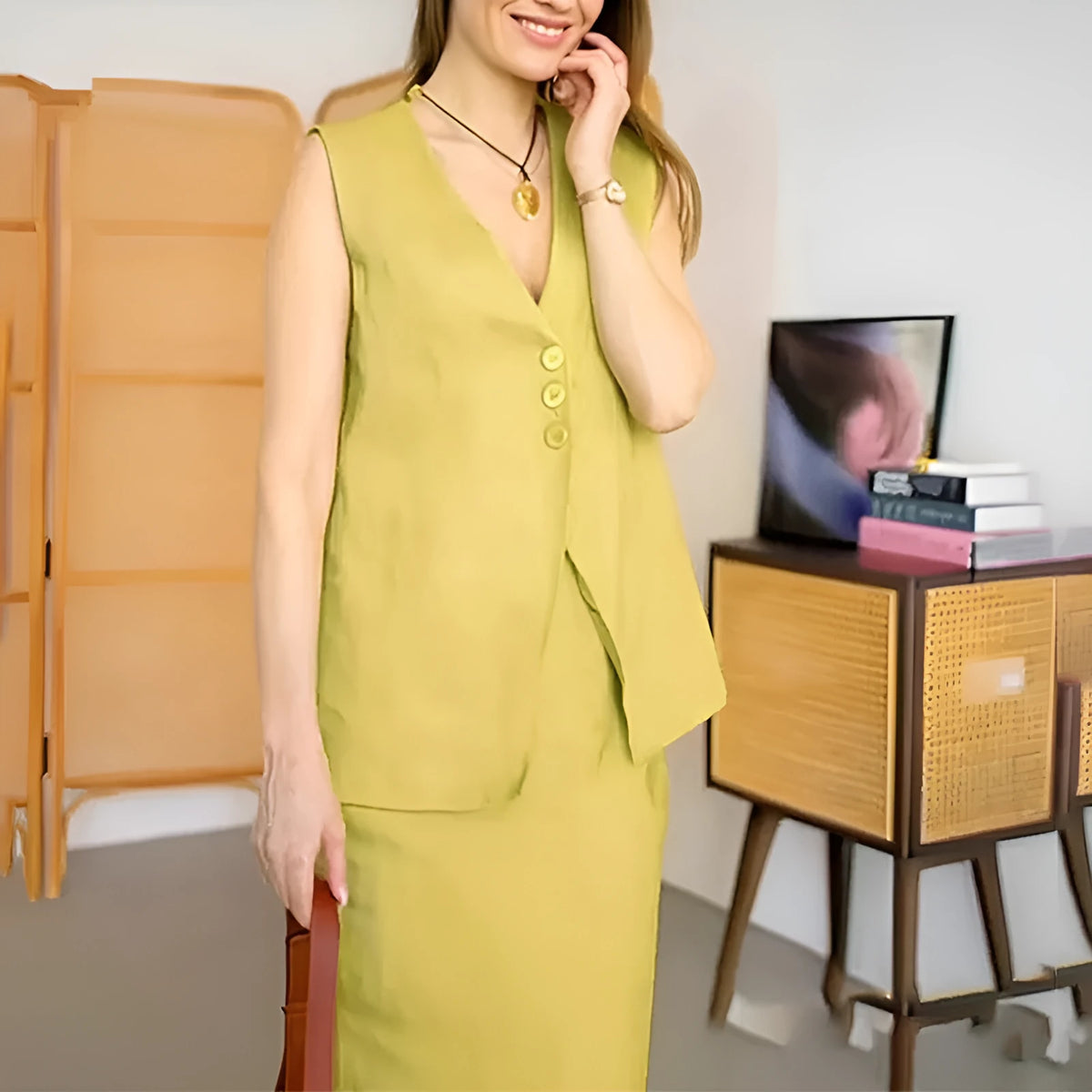 A woman wearing a blue sleeveless top and matching long skirt from a casual two-piece suit set.