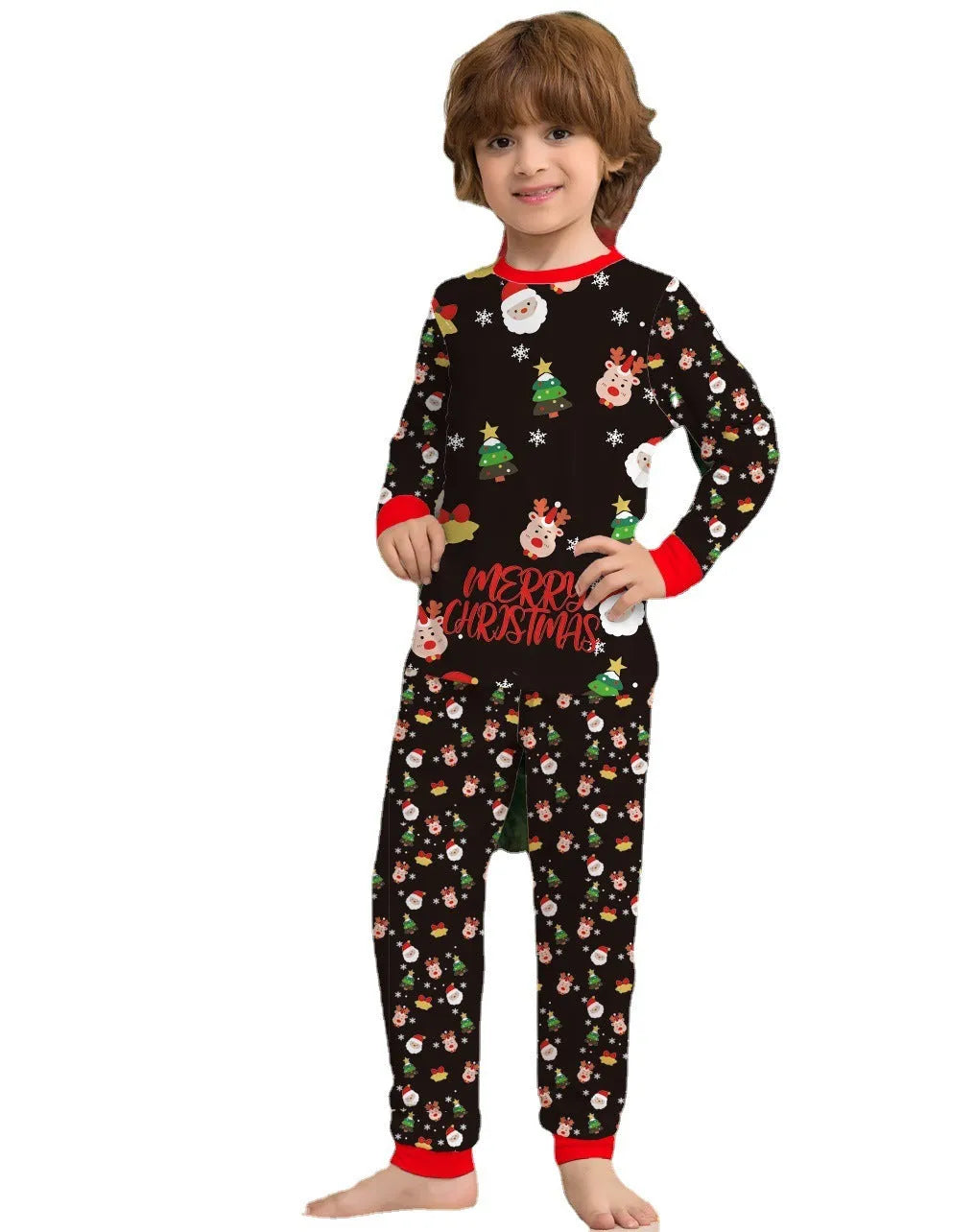 Family wearing matching Christmas pyjamas with plaid and cartoon prints, including parents, children and dog