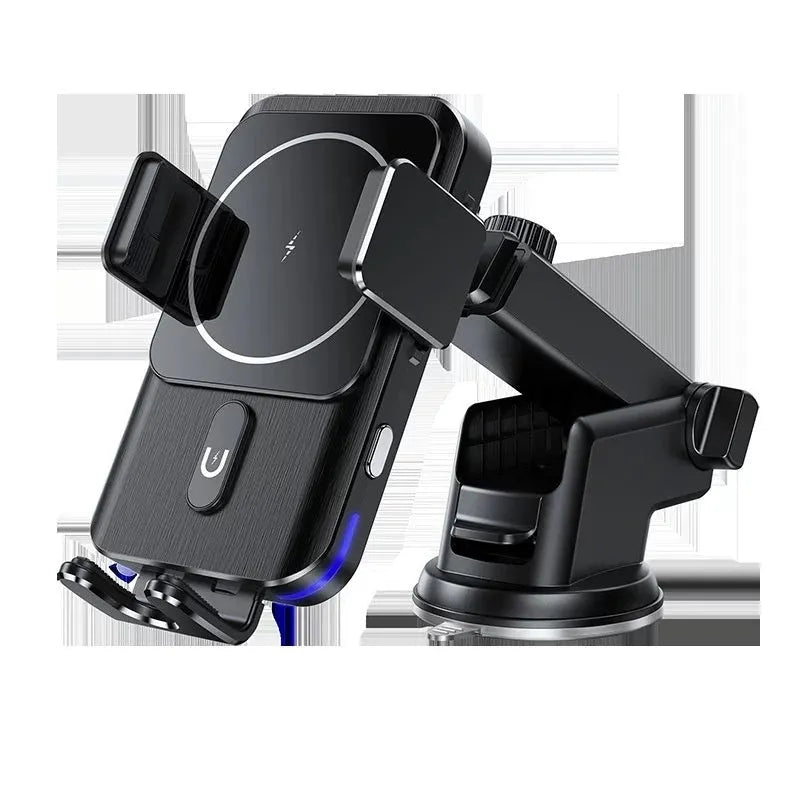 Black car wireless phone charger mounted on dashboard with suction cup