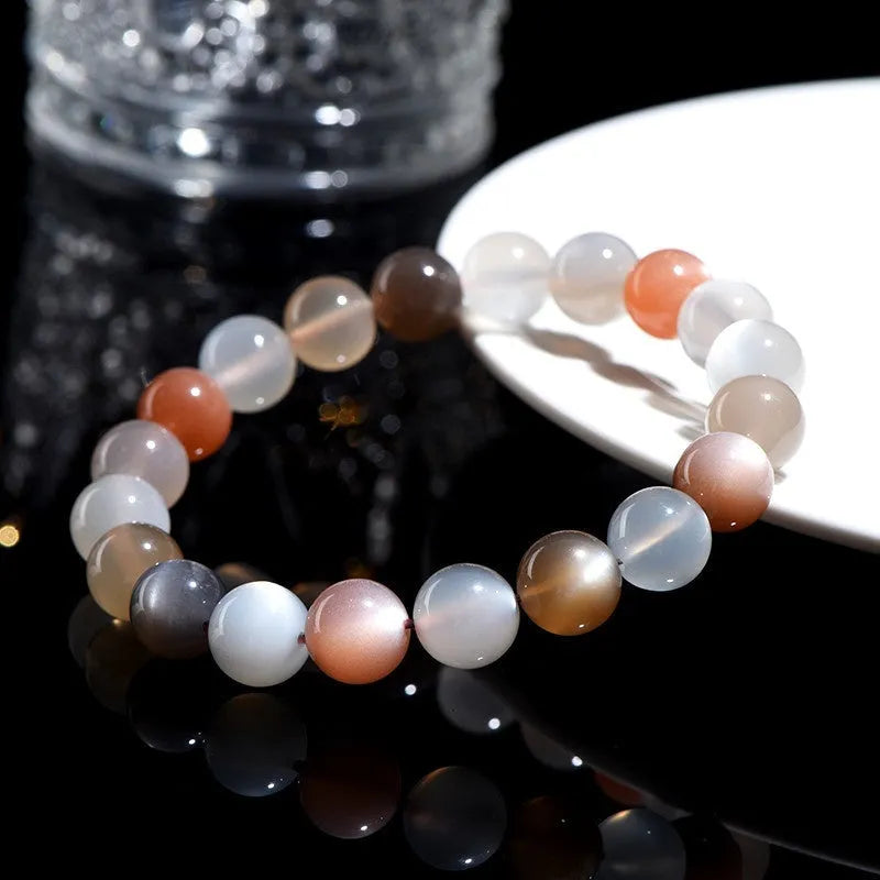 Natural moonstone bracelet with colourful moon light pattern showing 8mm stones in single circle configuration