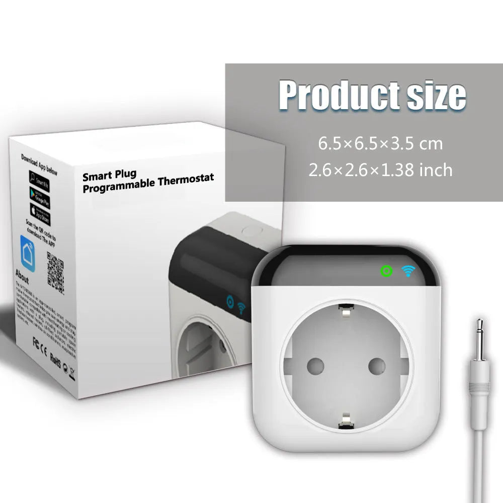 White Tuya WiFi smart temperature control socket with temperature sensor probe for US electrical outlets