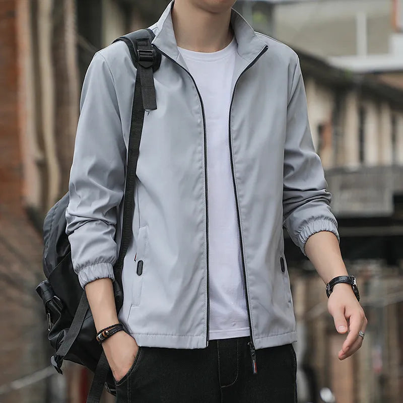Korean-style loose-lapel casual jacket in polyester blend fabric with zipper closure and pocket styling