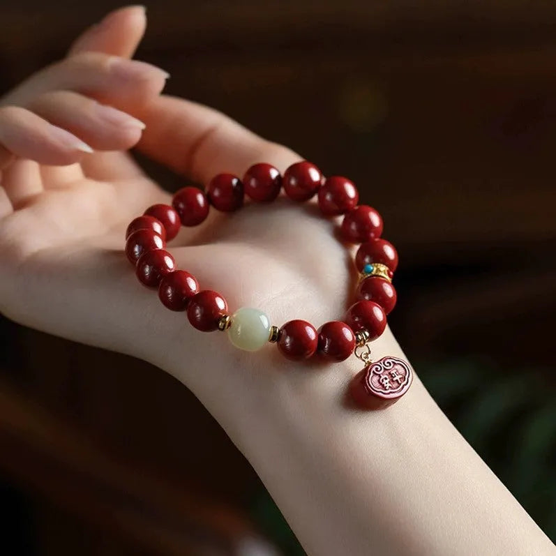 Natural cinnabar Emperor Sandstone Ping An Fu Lu bracelet in fashion OL style
