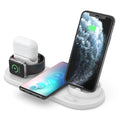 Black and white multifunctional wireless charging mobile phone holder with multiple device charging areas