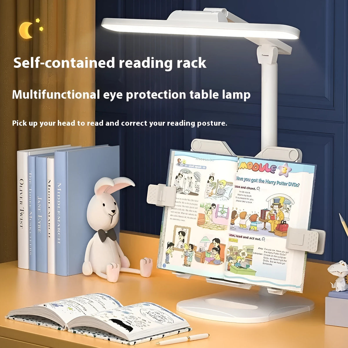 Adjustable LED desk lamp with bookshelf design for reading and study tasks