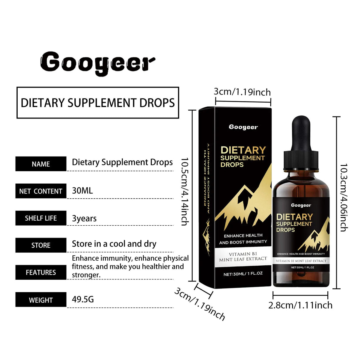 Glass bottle of amber liquid dietary supplement drops with a black rubber dropper top.