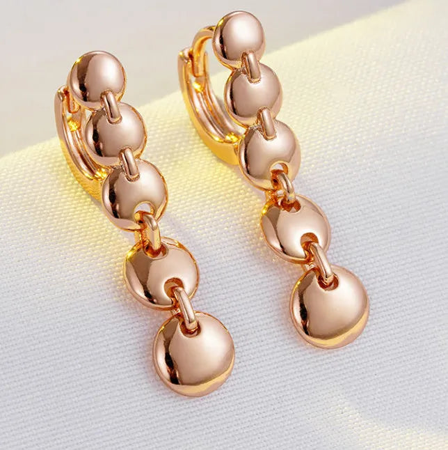 Gold retro long round circle woven copper dangle earrings pair