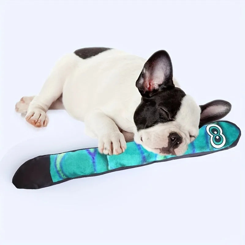 Snake shape plush dog squeaky toy with multicolour stripe print in blue, green and rainbow options