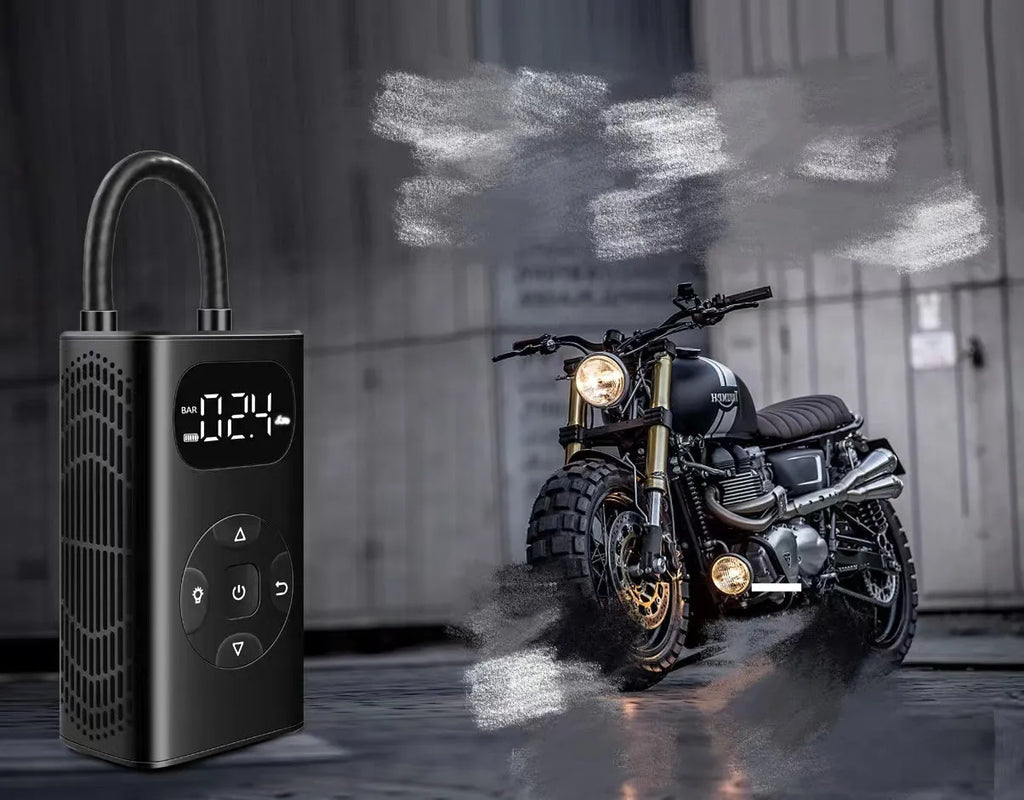Black M09X portable power bank tyre inflator pump with USB cable for cars and motorcycles