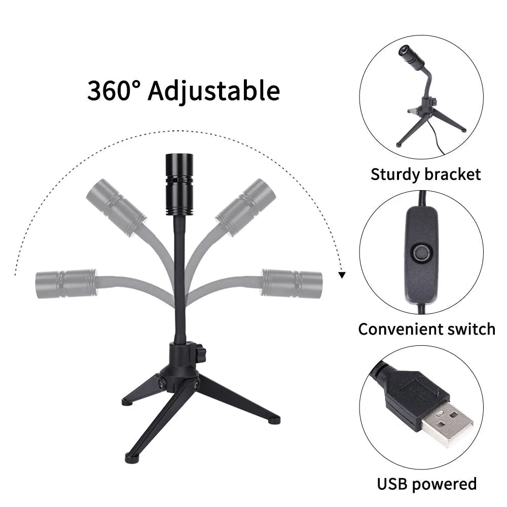 USB-powered earth and moon star projector night light with adjustable hose bracket on a bedside table.
