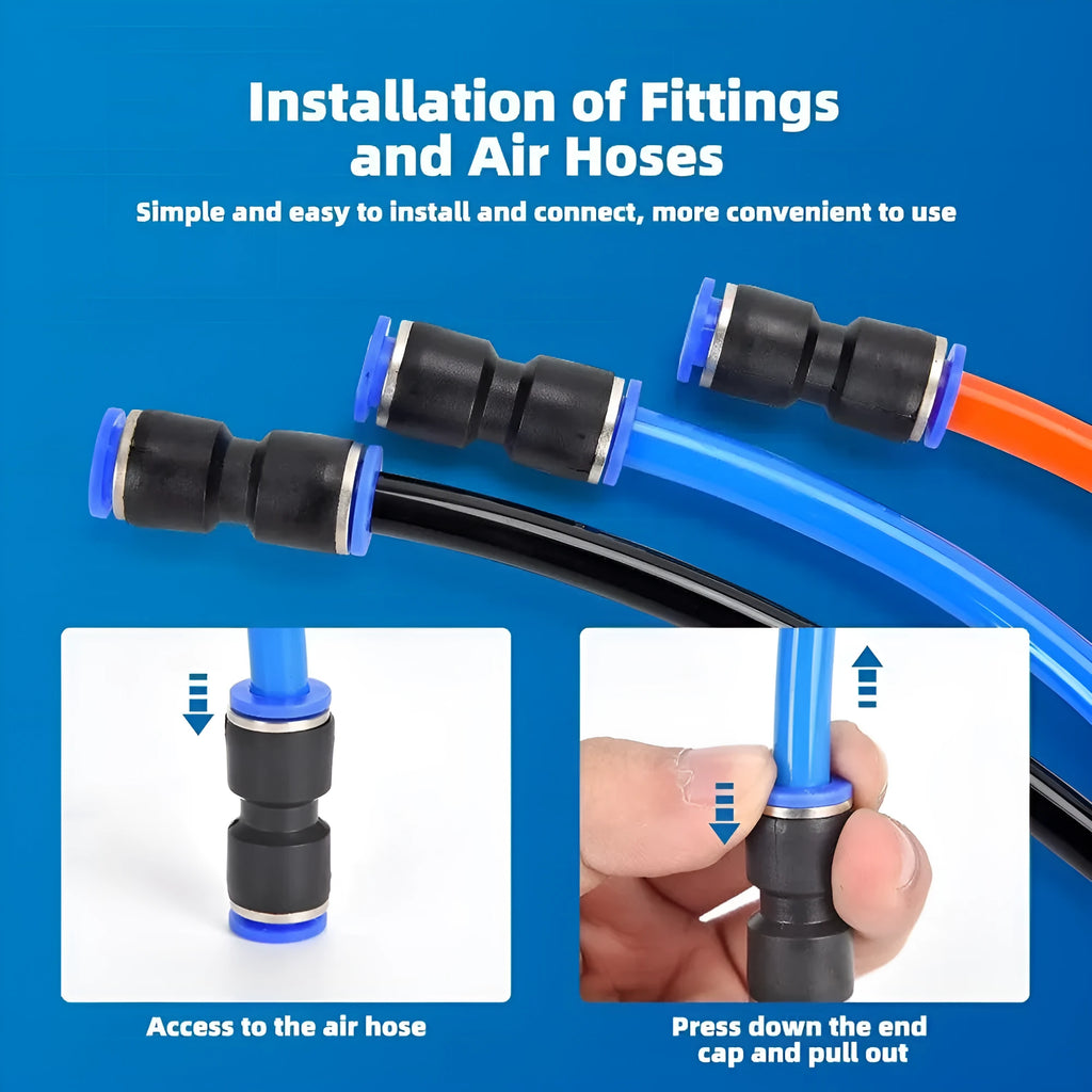 60-piece pneumatic push-in connector set with R1/4 and R1/2 thread sizes