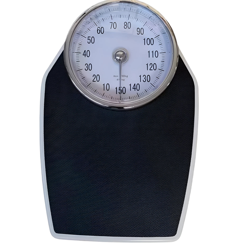 Black mechanical body weight scale with large dial pointer, dimensions 47x35x11cm