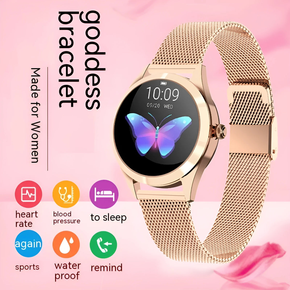 Women's sports smartwatch showing fitness tracking display on wrist, available in black, white, rose gold, and silver.